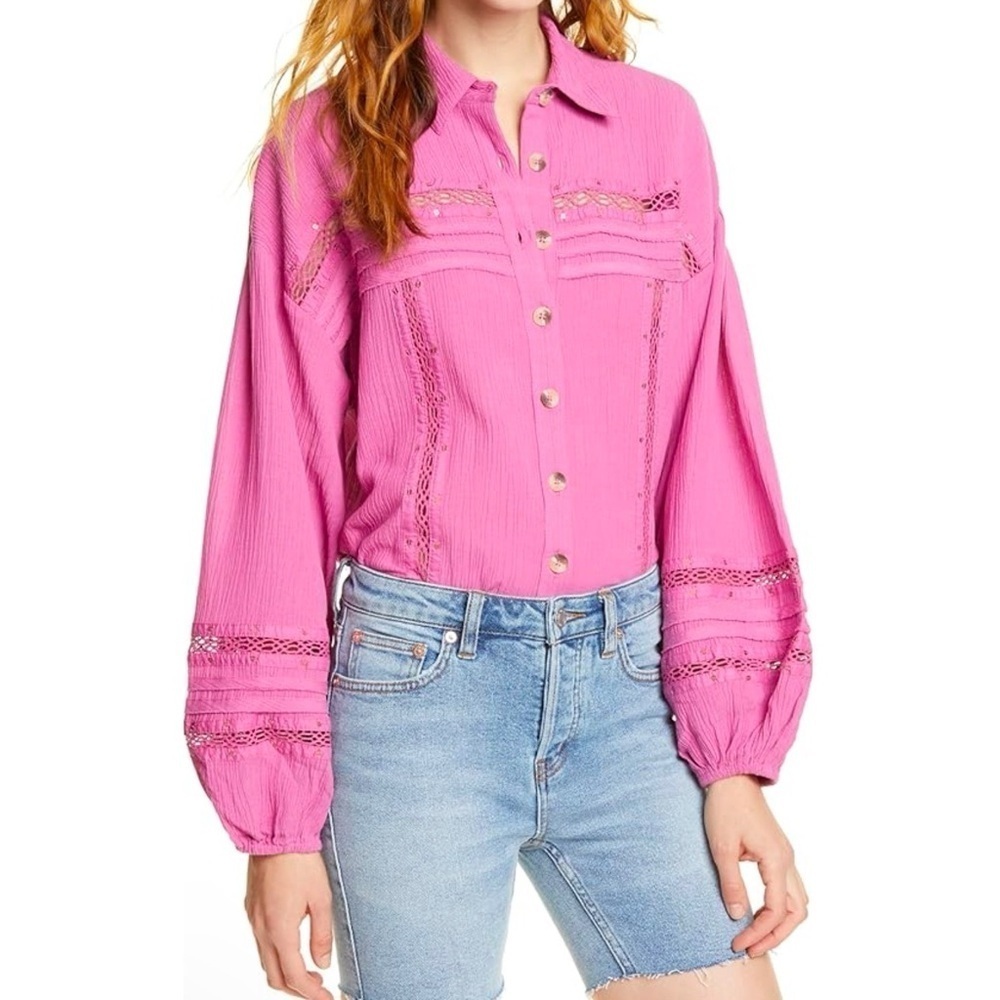 Free People Summer Stars Button Down Shirt Puff Sleeve Crochet Detail Size Small